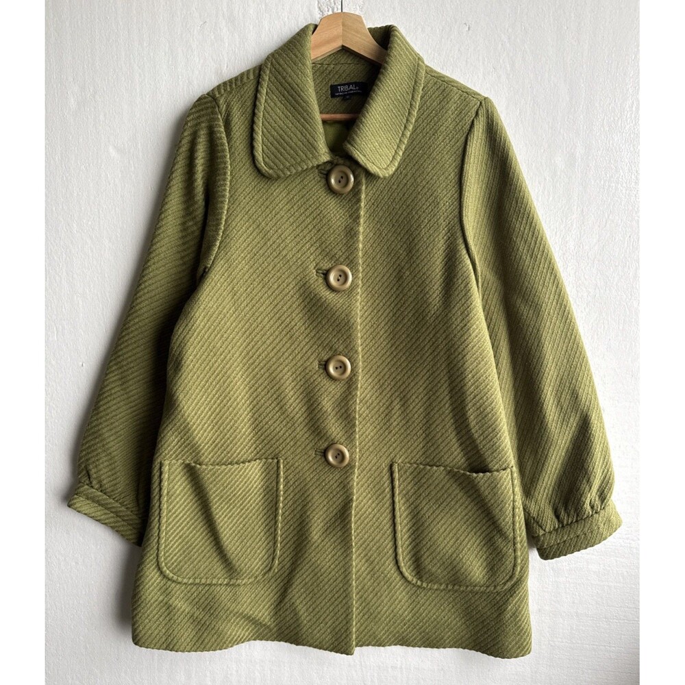 NWT Tribal Women’s Green Wool Blend Coat Large Buttons Textured Jacket Size 12